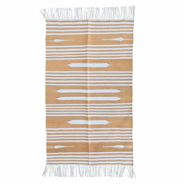 Cotton Rugs | Handwoven Cafe Au Lait And White Stripe Cotton Rug With Fringes, 3′ x 5′ Cotton Rugs Cotton Rugs