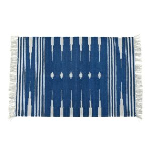 Cotton Rugs | Handwoven Dark Blue And White Patterned Cotton Rug With Fringes, 3′ x 5′ Cotton Rugs Cotton Rugs