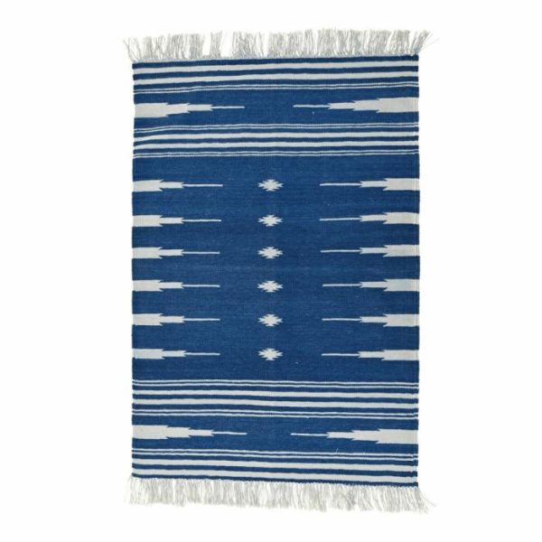 Cotton Rugs | Handwoven Dark Blue And White Patterned Cotton Rug With Fringes, 3′ x 5′ Cotton Rugs Cotton Rugs