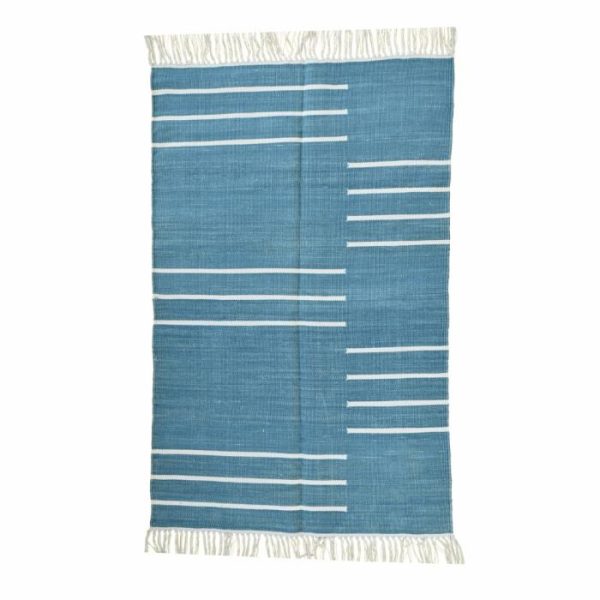 Cotton Rugs | Handwoven Demin Blue And White Miniamlistic Cotton Rug With Fringes, 3′ x 5′ Cotton Rugs Cotton Rugs