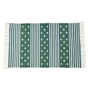 Cotton Rugs | Handwoven Green And White Diamond Cotton Rug With Fringes, 3′ x 5′ Cotton Rugs Cotton Rugs