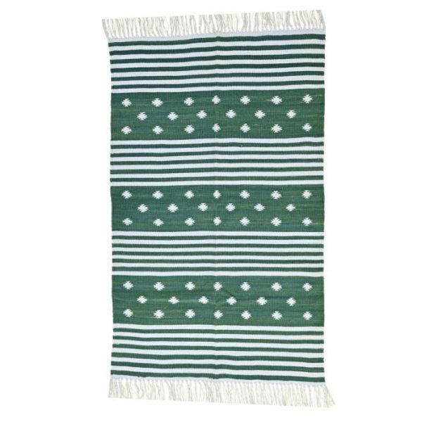 Cotton Rugs | Handwoven Green And White Diamond Cotton Rug With Fringes, 3′ x 5′ Cotton Rugs Cotton Rugs