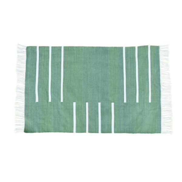 Cotton Rugs | Handwoven Green And White Minimalistic Cotton Rug With Fringes, 3′ x 5′ Cotton Rugs Cotton Rugs