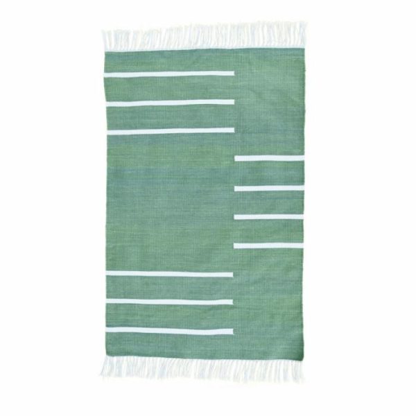 Cotton Rugs | Handwoven Green And White Minimalistic Cotton Rug With Fringes, 3′ x 5′ Cotton Rugs Cotton Rugs