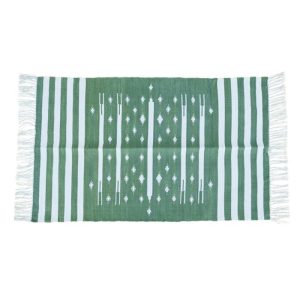 Cotton Rugs | Handwoven Green And White Stripe Traditional Cotton Rug With Fringes, 3′ x 5′ Cotton Rugs Cotton Rugs