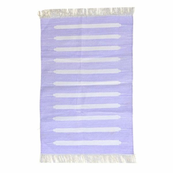 Cotton Rugs | Handwoven Lavender And White Stripe Cotton Rug With Fringes, 3′ x 5′ Cotton Rugs Cotton Rugs