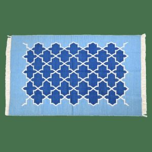 Cotton Rugs | Handwoven Moroccan Blue Tiles Cotton Rug With Fringes, 3′ x 5′ Cotton Rugs Cotton Rugs