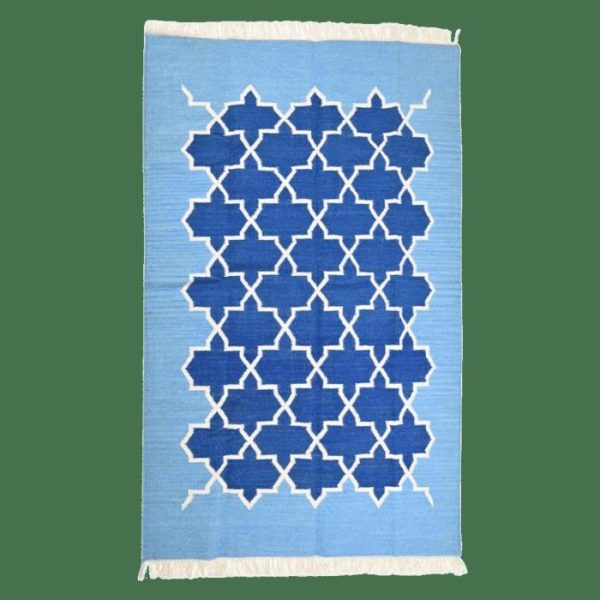 Cotton Rugs | Handwoven Moroccan Blue Tiles Cotton Rug With Fringes, 3′ x 5′ Cotton Rugs Cotton Rugs