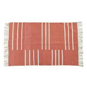 Cotton Rugs | Handwoven Orange And White Minimalistic Cotton Rug With Fringes, 3′ x 5′ Cotton Rugs Cotton Rugs