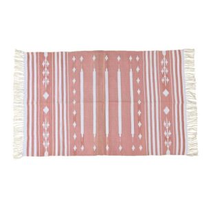 Cotton Rugs | Handwoven Peach And White Patterned Cotton Rug With Fringes, 3′ x 5′ Cotton Rugs Cotton Rugs