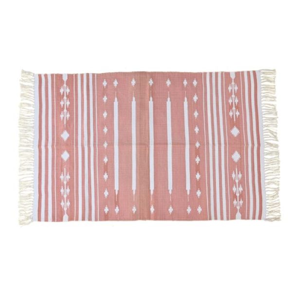 Cotton Rugs | Handwoven Peach And White Patterned Cotton Rug With Fringes, 3′ x 5′ Cotton Rugs Cotton Rugs