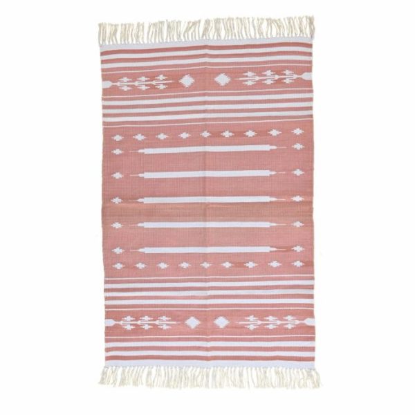 Cotton Rugs | Handwoven Peach And White Patterned Cotton Rug With Fringes, 3′ x 5′ Cotton Rugs Cotton Rugs