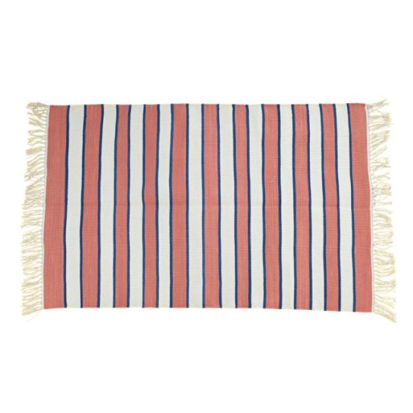 Cotton Rugs | Handwoven Peach And White Stripe Cotton Rug With Fringes, 3′ x 5′ Cotton Rugs Cotton Rugs