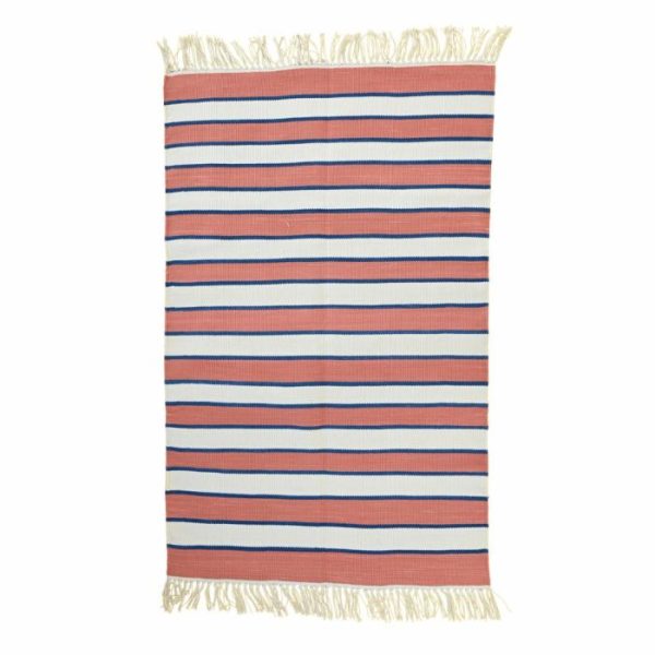 Cotton Rugs | Handwoven Peach And White Stripe Cotton Rug With Fringes, 3′ x 5′ Cotton Rugs Cotton Rugs