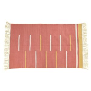 Cotton Rugs | Handwoven Peach And Yellow Minimalistic Cotton Rug With Fringes, 3′ x 5′ Cotton Rugs Cotton Rugs