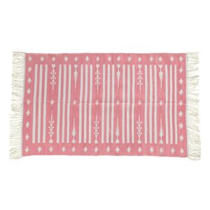 Cotton Rugs | Handwoven Pink And White Traditional Cotton Rug With Fringes, 3′ x 5′ Cotton Rugs Cotton Rugs