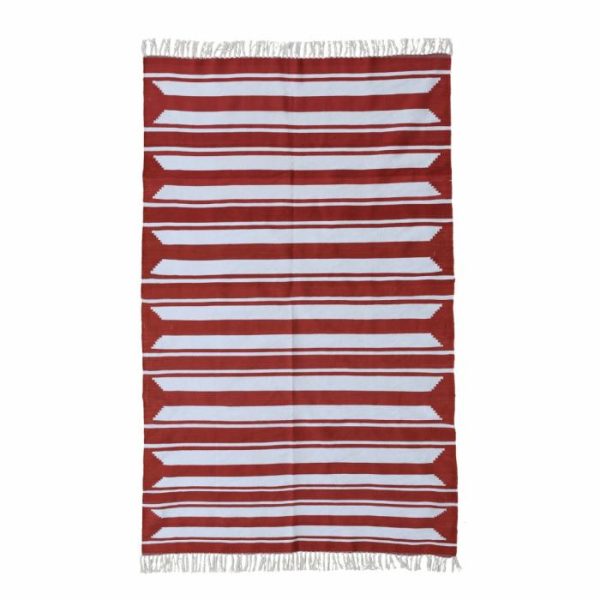 Cotton Rugs | Handwoven Red And White Accent Stripe Cotton Rug With Fringes, 3′ x 5′ Cotton Rugs Cotton Rugs