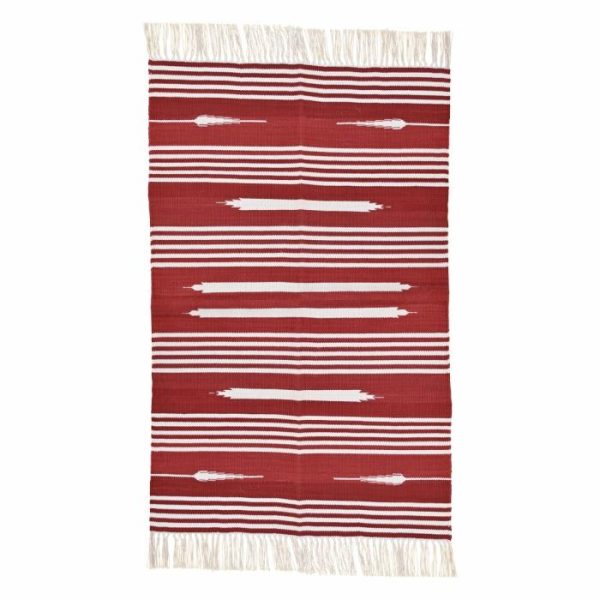 Cotton Rugs | Handwoven Red And White Patterned Cotton Rug With Fringes, 3′ x 5′ Cotton Rugs Cotton Rugs