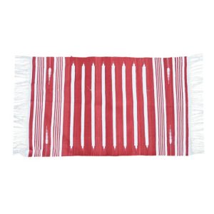 Cotton Rugs | Handwoven Red And White Stripe Minimalistic Cotton Rug With Fringes, 3′ x 5′ Cotton Rugs Cotton Rugs