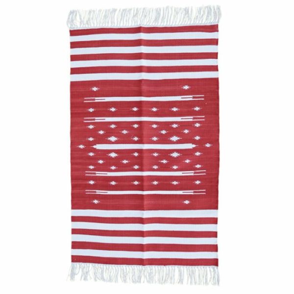 Cotton Rugs | Handwoven Red And White Stripe Traditional Cotton Rug With Fringes, 3′ x 5′ Cotton Rugs Cotton Rugs