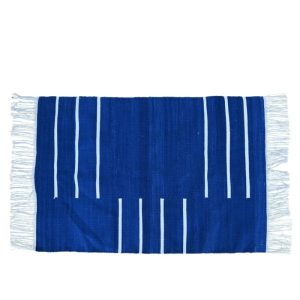 Cotton Rugs | Handwoven Royal Blue And White Minimalistic Cotton Rug With Fringes, 3′ x 5′ Cotton Rugs Cotton Rugs