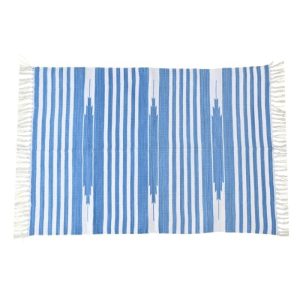 Cotton Rugs | Handwoven Sky Blue And White Stripe Cotton Rug With Fringes, 3′ x 5′ Cotton Rugs Cotton Rugs