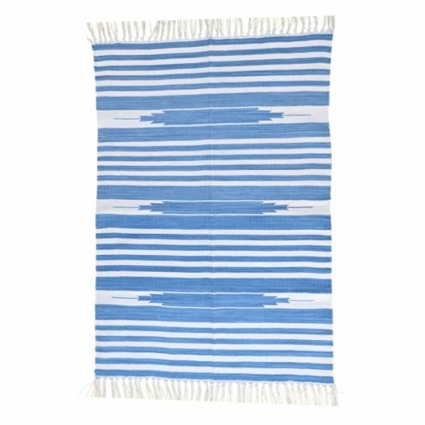 Cotton Rugs | Handwoven Sky Blue And White Stripe Cotton Rug With Fringes, 3′ x 5′ Cotton Rugs Cotton Rugs