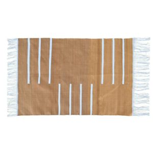 Cotton Rugs | Handwoven Turmeric And White Minimalistic Cotton Rug With Fringes, 3′ x 5′ Cotton Rugs Cotton Rugs