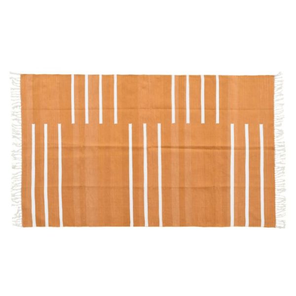 Cotton Rugs | Handwoven Turmeric And White Minimalistic Stripe Cotton Rug With Fringes, 3′ x 5′ Cotton Rugs Cotton Rugs