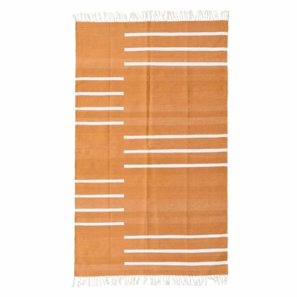 Cotton Rugs | Handwoven Turmeric And White Minimalistic Stripe Cotton Rug With Fringes, 3′ x 5′ Cotton Rugs Cotton Rugs