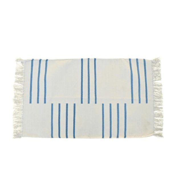 Cotton Rugs | Handwoven White And Blue Minimalistic Cotton Rug With Fringes, 3′ x 5′ Cotton Rugs Cotton Rugs