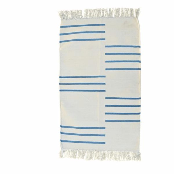 Cotton Rugs | Handwoven White And Blue Minimalistic Cotton Rug With Fringes, 3′ x 5′ Cotton Rugs Cotton Rugs