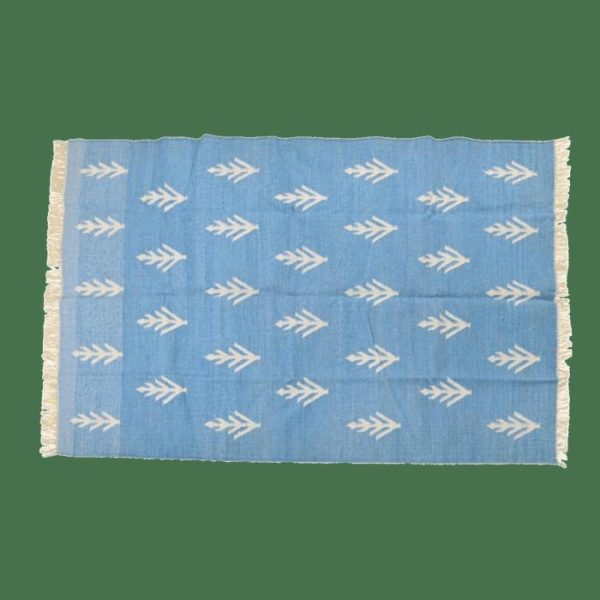 Cotton Rugs | Handwoven White Floral Blue Cotton Rug With Fringes, 3′ x 5′ Cotton Rugs Cotton Rugs