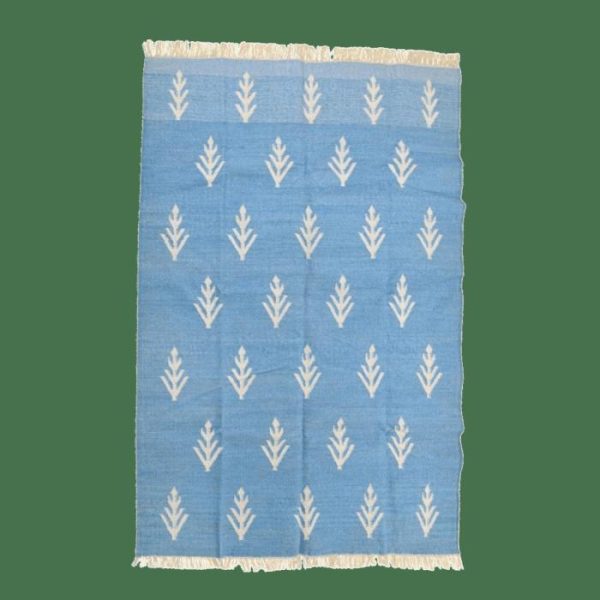 Cotton Rugs | Handwoven White Floral Blue Cotton Rug With Fringes, 3′ x 5′ Cotton Rugs Cotton Rugs