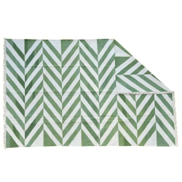 Cotton Rugs | Natural Vegetable Dyed Indian Dhurrie Reversible Cotton Rug – Chevron Green, 2′ x 3′ Cotton Rugs Cotton Rugs