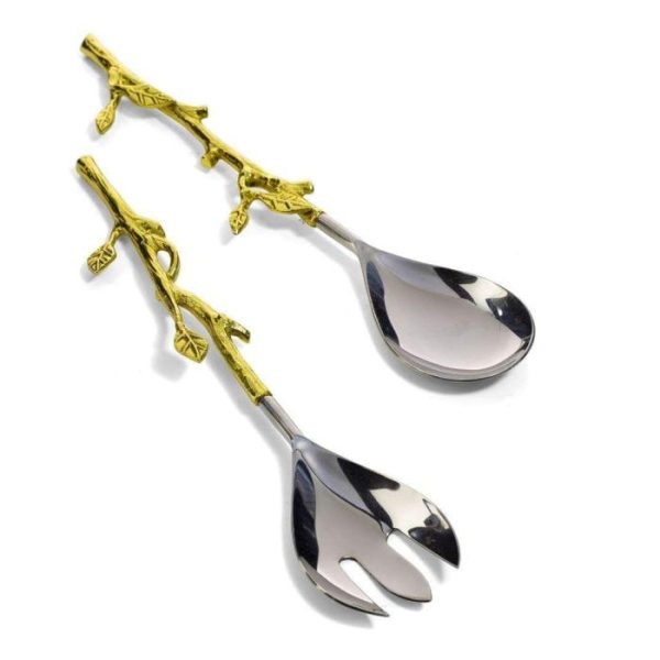 Dinnerware | Brassed Stainless Steel Leaf Fork & Spoon Salad Server Set Dinnerware Dinnerware