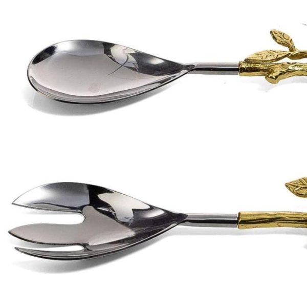 Dinnerware | Brassed Stainless Steel Leaf Fork & Spoon Salad Server Set Dinnerware Dinnerware