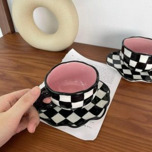 Dinnerware | Checkerboard Ceramic Mug With Saucer Dinnerware Dinnerware