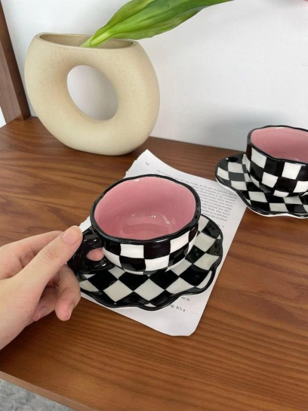 Dinnerware | Checkerboard Ceramic Mug With Saucer Dinnerware Dinnerware