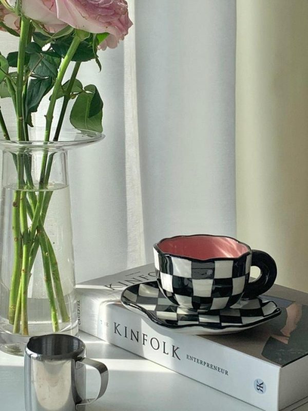 Dinnerware | Checkerboard Ceramic Mug With Saucer Dinnerware Dinnerware