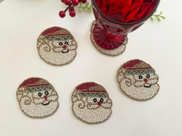 Drinkware | Christmas Santa Claus Beaded Coaster Set Of 6 Drinkware Drinkware