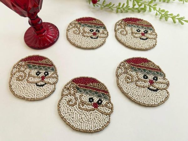 Drinkware | Christmas Santa Claus Beaded Coaster Set Of 6 Drinkware Drinkware