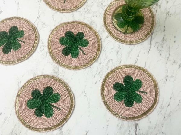 Drinkware | Clover Leaf Shamrock Beaded Round Coasters Drinkware Drinkware