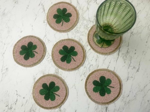 Drinkware | Clover Leaf Shamrock Beaded Round Coasters Drinkware Drinkware