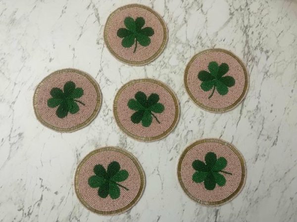 Drinkware | Clover Leaf Shamrock Beaded Round Coasters Drinkware Drinkware