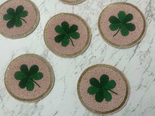 Drinkware | Clover Leaf Shamrock Beaded Round Coasters Drinkware Drinkware