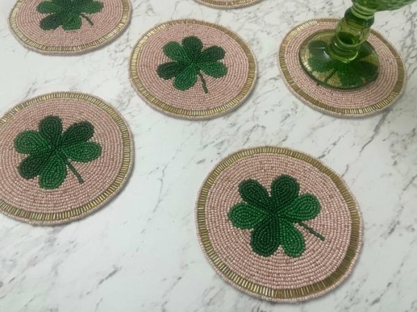 Drinkware | Clover Leaf Shamrock Beaded Round Coasters Drinkware Drinkware