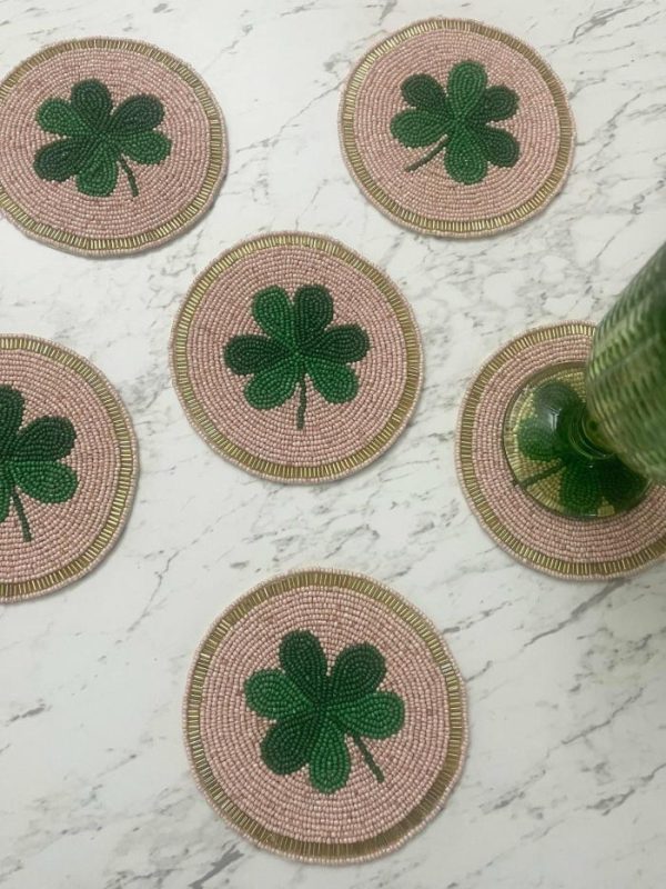 Drinkware | Clover Leaf Shamrock Beaded Round Coasters Drinkware Drinkware