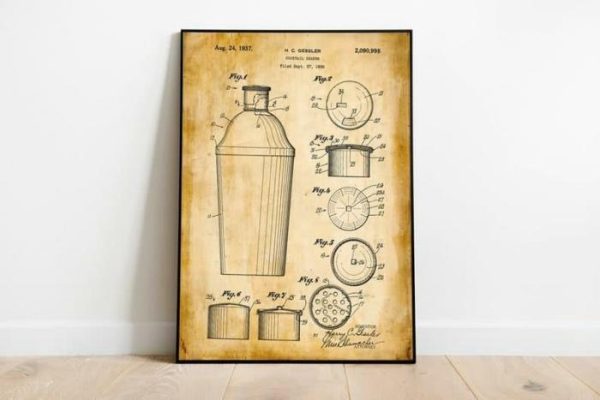 Drinkware | Cocktail Shaker Patent Print, Framed Art Print, 28×40 inches Drinkware Drinkware