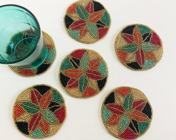 Drinkware | Colorful Floral Round Beaded Coaster Set Of 6 Drinkware Drinkware